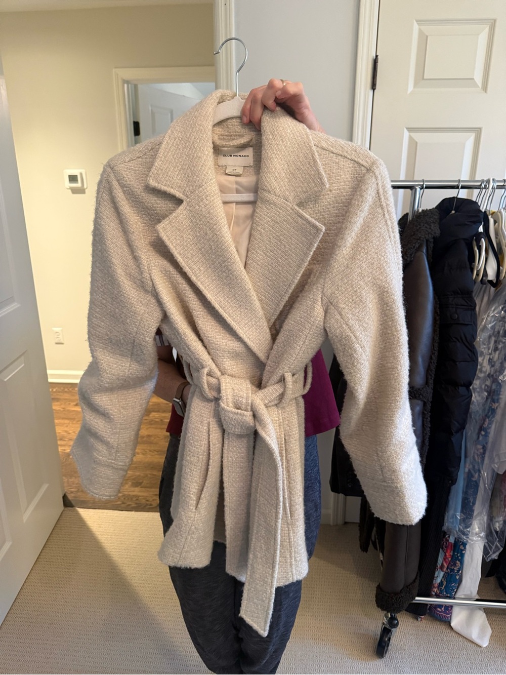 Club Monaco Cream Textured Tie-Waist Jacket